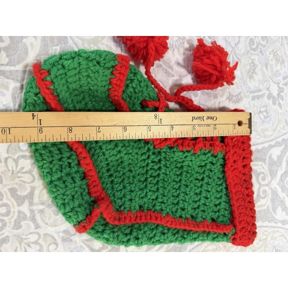 VTG‎ handmade crochet green red christmas baby stocking Granny Boot Pom-Poms